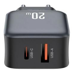 Зарядное устройство XO L154 USB-C PD20W + USB-A QC3.0 Black Фото 1
