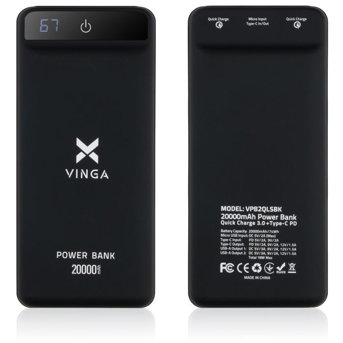 Батарея универсальная Vinga 20000 mAh QC3.0 Display soft touch black Фото 7