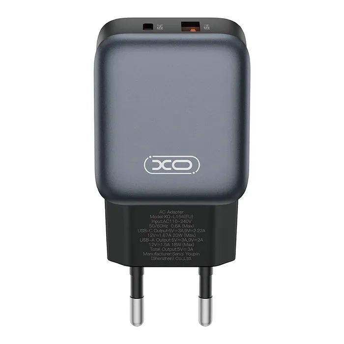 Зарядное устройство XO L154 USB-C PD20W + USB-A QC3.0 Black Фото