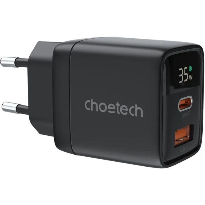 Зарядное устройство Choetech 1xUSB + 1xUSB-C PD35W with display black Фото